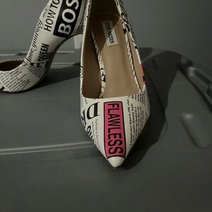 Steve Madden Black and White Heels with Newspaper Print